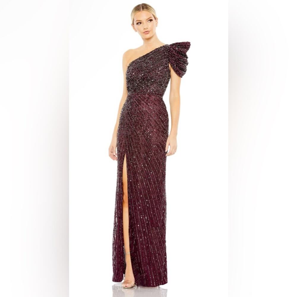 Mac Duggal Svelte Asymmetrical Neckline Ruffled A-line Slit Dress Size 2 NWT